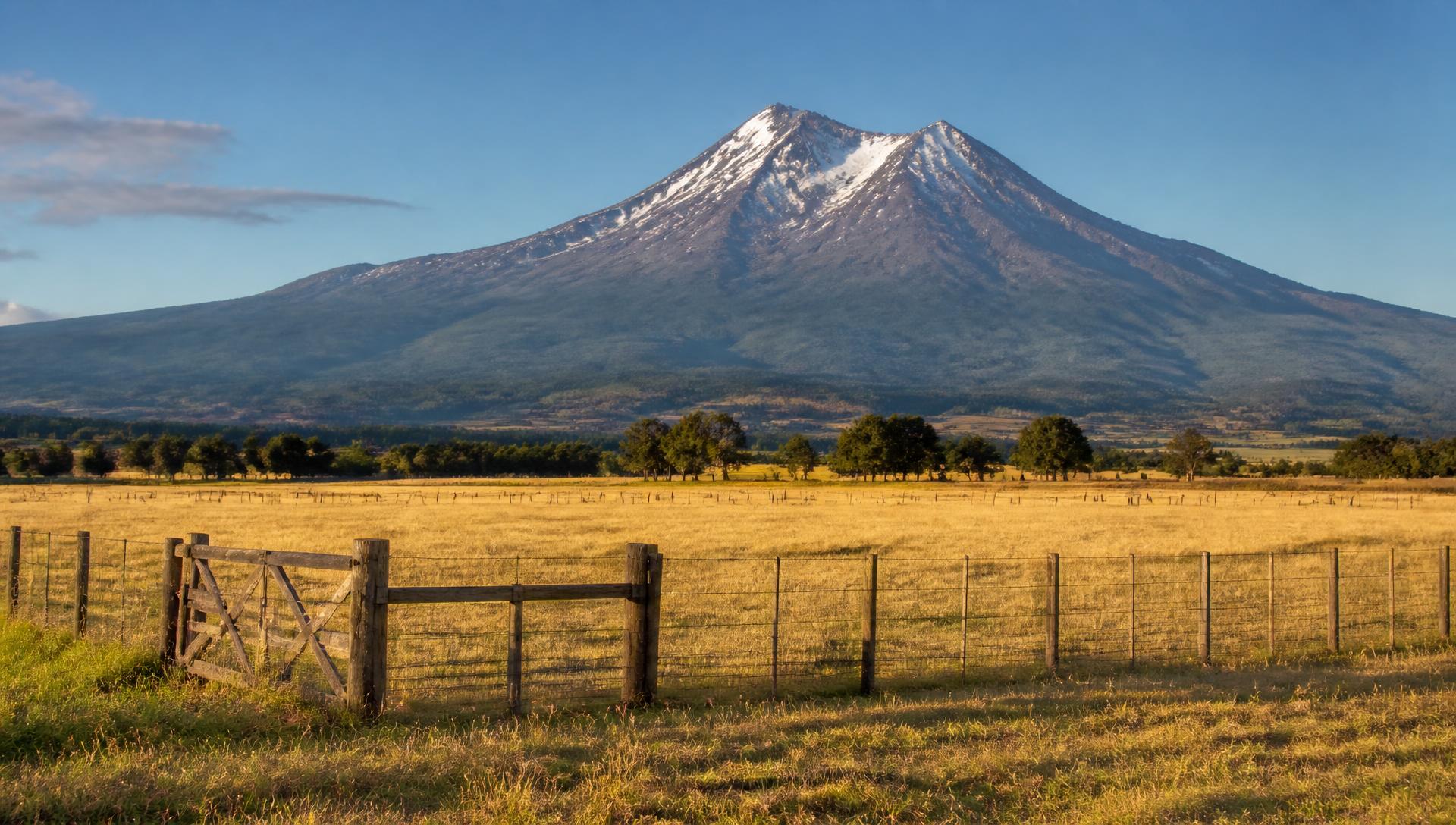 Mount Shasta rising above the open fields of the Shasta Valley